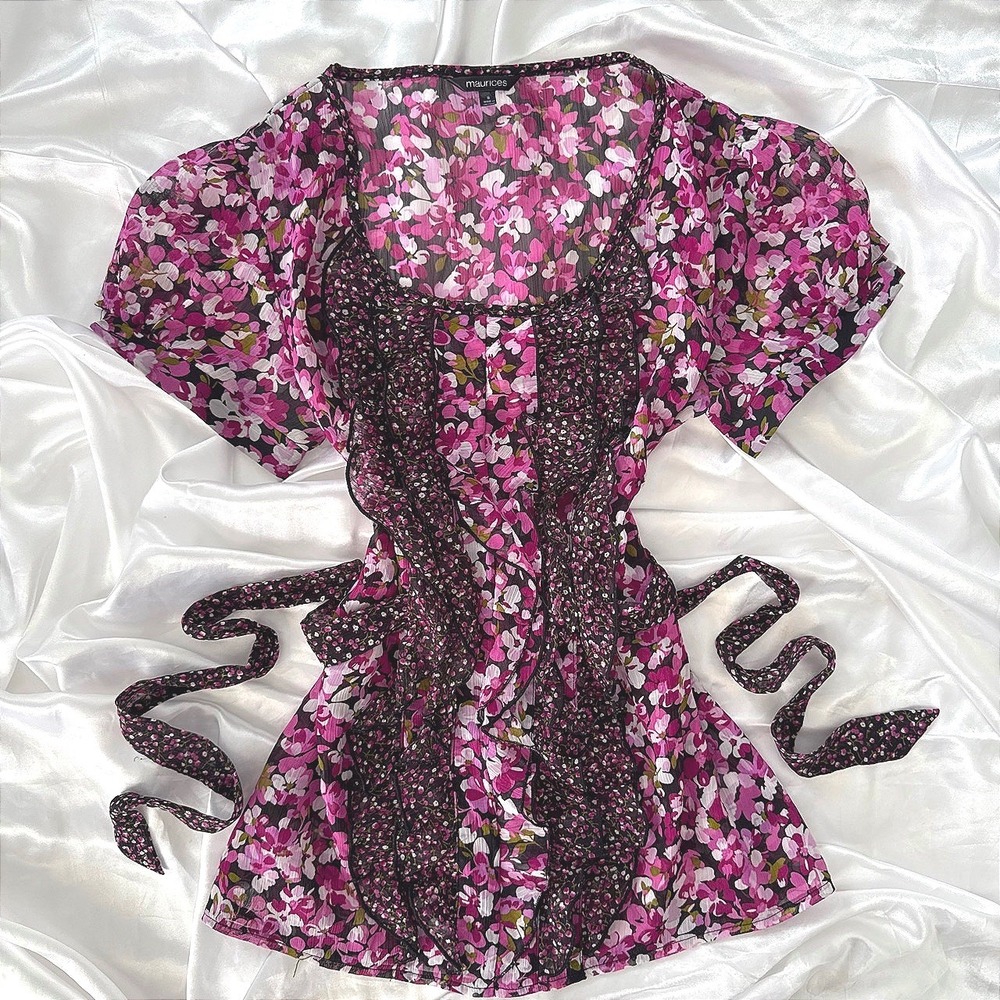 Maurices Pink Purple Floral Ruffle Blouse Sheer Short Sleeve Waist Tie Small